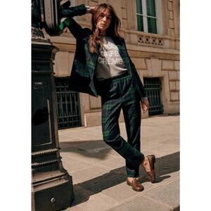 SEZANE Ross Wool Blend Tartan Plaid High Rise Pull On Pant Trouser 38 6 M $145